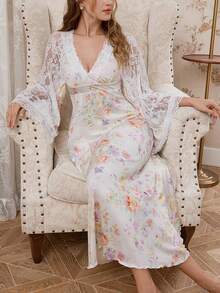 Camisón elegante con estampado floral, manga larga y aplicaciones de encaje, Vestido largo con estampado floral romántico francés de manga larga, Vestido largo de manga larga con estampado floral encantador para otoño/invierno, Camisón romántico y encantador para damas - Multicolor - Ver 3