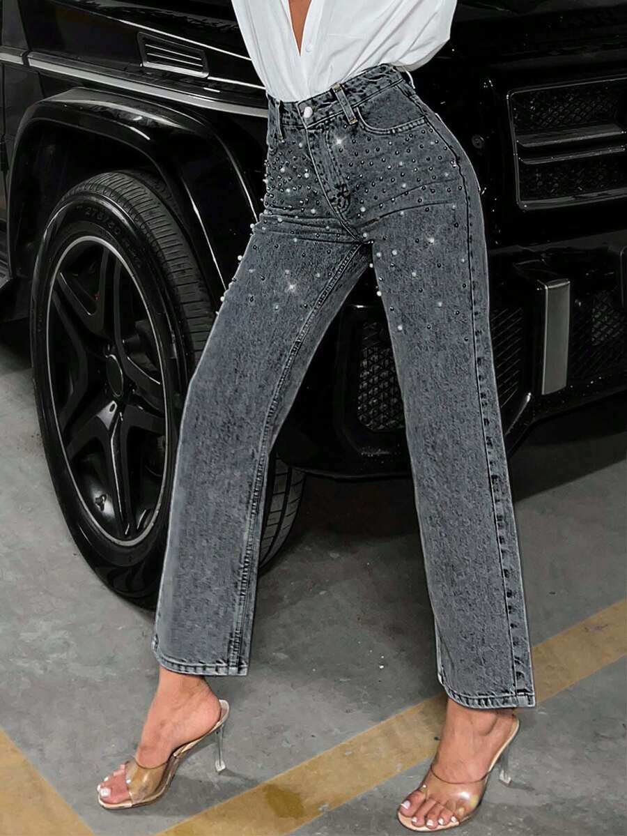 SHEIN Tall High Waist Pearl Slant Pocket Slim Straight Jeans Mom Jeans For Women High Waist Jeans Rhinestone Denim Women Jeans High Waist Rhinestone Jeans - Dark Grey - View 1
