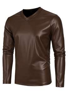 Manfinity LEGND T-shirt décontracté à manches longues et col en V en PU de couleur unie pour hommes - Marron - Voir 3