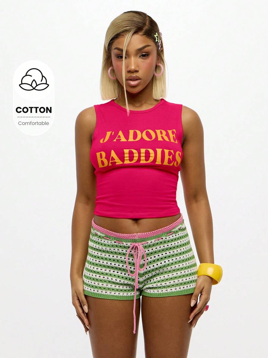 SUMWON WOMEN 经典针织背心，带有设计师特色印花，休闲夏季短款上衣，时尚前卫节日运动休闲装 - 玫紅色 - 查看 1