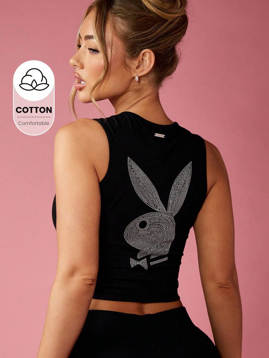 Missguided x Playboy 水钻装饰短款背心健身舞蹈工作室派对俱乐部节日夏季无袖健身健身房背心 - 黑色 - 查看 1