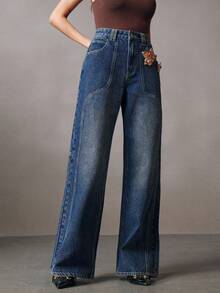 Anewsta Quần jeans ống đứng nữ màu xanh lãng mạn với họa tiết hoa 3D bằng kim loại, thích hợp cho ngày Valentine, mùa xuân/hè. - Rửa tối - Xem 5