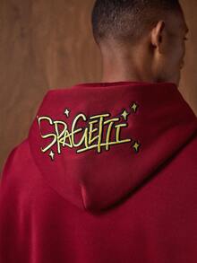 AKNOTIC 男士酒红色字母刺绣口袋休闲连帽卫衣 - 紅色 - 查看 4