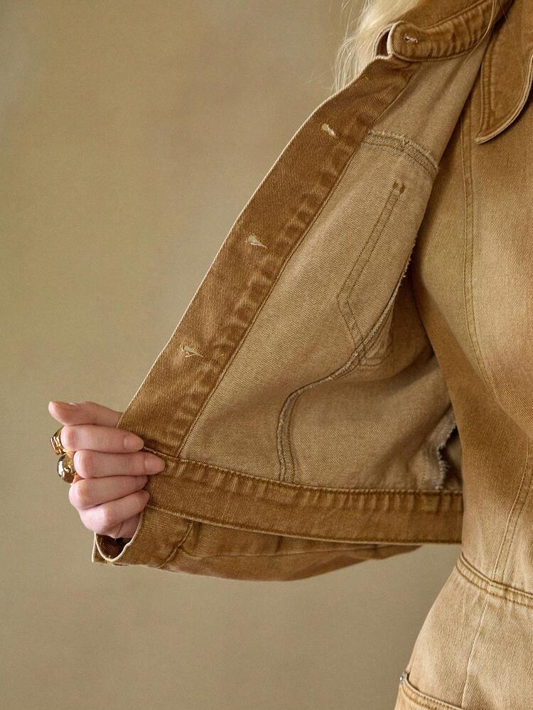 MOTF STUDIO JAQUETA Denim DE MANGA LONGA COM GOLA VIRADA PARA BAIXO LAVADA PARA MULHERES, OUTONO/INVERNO