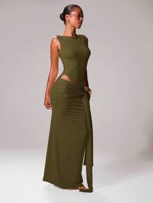 MUSERA 斜领系带垂褶修身无袖长款连衣裙，适合伊比沙岛度假、春夏音乐节、锐舞派对、海滩派对、浪漫舞会、毕业典礼、优雅生日派对、婚礼宾客等场合。 - 軍綠色 - 查看 4