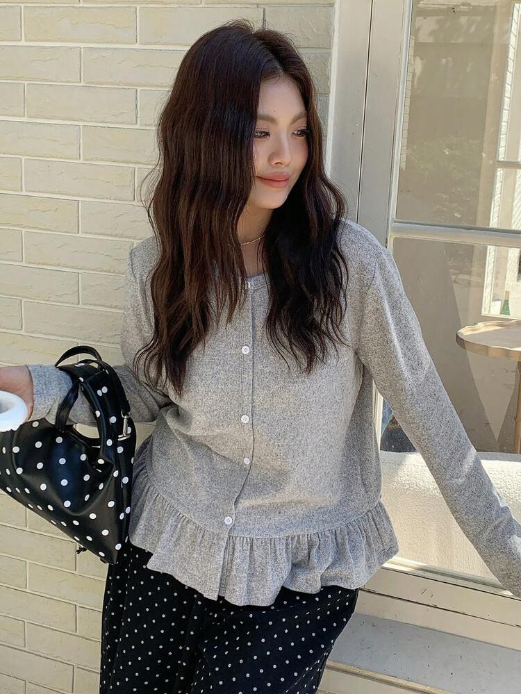 Dazy Plus Solid Color Patchwork Frill Trim Fitted Casual Long Sleeve T-Shirt, Spring/Autumn