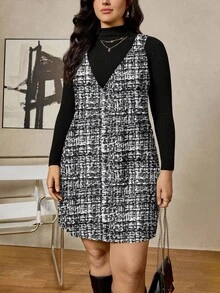 SHEIN LUNE Abiti da donna taglie forti per vacanze, comodi e rilassati, a righe bianche e nere, stile casual con collo rotondo, senza maniche, vita annodata, stile casual e alla moda per l'estate. Abito casual estivo da donna. Costumi di Ognissanti per donne. Abiti invernali da donna. Tuniche lunghe da donna. Abiti in tweed da donna. - Multicolore - Visualizzare 7