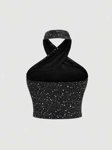 Sweetra Women's Criss-Cross Spaghetti Strap Sparkly Backless Tank Top, Spring/Summer - Black - View 2