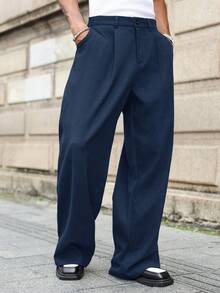 Manfinity Roghcode Plus Size Men's Casual Everyday Workwear Loose Fit Solid Color Slant Pocket Wide Leg Pants Navy Blue Pants Mens Wide Leg Pants Pleated Pants For Men Dark Blue Pants Wide Bottom Pants For Men