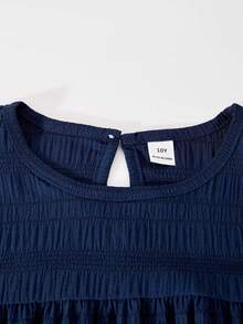 SHEIN Casuvi Kids 女童宽松A字连衣裙，梭织纹理雪纺面料，舒适休闲，蝴蝶结装饰，美式学院风，适合春夏日常穿着 - 藏蓝色 - 查看 3