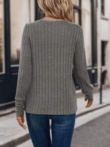 EMERY ROSE 女士休闲日常通勤简约纯色罗纹针织长袖T恤，春秋季 - 灰色 - 查看 2