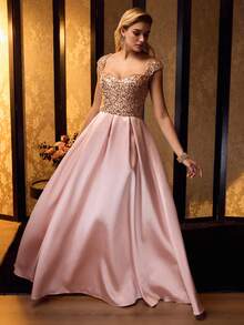 MOTF Soiréza Váy maxi dự tiệc tay ngắn cổ tim thanh lịch dành cho nữ, chất liệu vải sequin kết hợp với viền satin cỡ lớn, hoàn hảo cho tiệc cưới, dạ hội và tiệc tối lễ hội - Rượu sâm banh - Xem 3