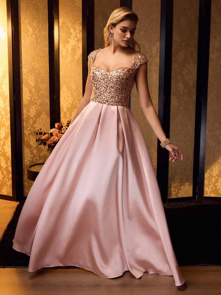 MOTF Soiréza WOMEN ELEGANT FORM-FITTING SHORT SLEEVE SWEETHEART NECKLINE MAXI PARTY GOWN, SEQUIN FABRIC SPLICED WITH SATIN OVERSIZED HEM DRESS,PERFECT FOR WEDDINGS, GALAS & FESTIVE EVENINGS