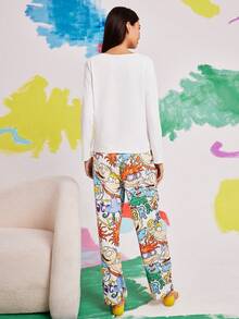 Nick 90s | SHEIN Women Cartoon Print Top & Pants Pajama Set, Fall Winter Clothes - White - View 2