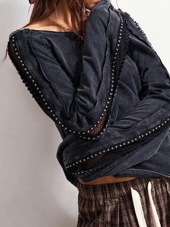 Bohemela 休闲纯色针织船领长袖宽松水洗女式T恤，适合冬季、圣诞节、新年派对等场合