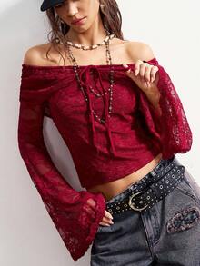 Bohemela 波西米亚风优雅休闲纯色针织蕾丝露肩喇叭长袖短款女式上衣 - 酒紅色 - 查看 5