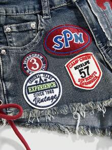ROMWE Avant Quần short denim mini gợi cảm cạp thấp Y2K phong cách thể thao ba lê cổ điển dành cho nữ có logo thêu - Màu xanh lam - Xem 4