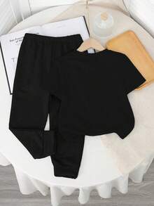 2件套男童休闲可爱卡通字母和足球剪影印花短袖T恤和裤子套装，秋季款 - 黑色 - 查看 3