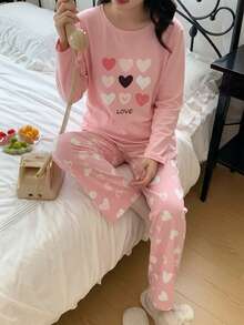 SHEIN Valentine's Day  2pcs/Set Teen GirlPink Heart & Letter Print Pajama Set, Long Pants & Long Sleeve, Comfortable Loungewear - Multicolor - View 4