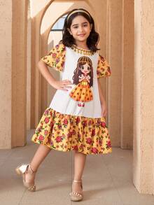 1 chiếc Abaya in họa tiết hoa ghép mảnh kiểu Lantern Girl, trang phục truyền thống Ả Rập, váy thường ngày có thắt cổ và tay ngắn - Màu vàng - Xem 4