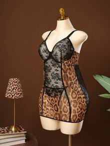 SHEIN Conjunto de 2 piezas de lencería de talla grande con vestido de encaje, estampado de leopardo y malla con espalda descubierta, incluye tanga. Lencería de Halloween, lencería con estampado de leopardo, vestidos de lencería para mujer, lencería clásica con estampado animal - Multicolor - Ver 7