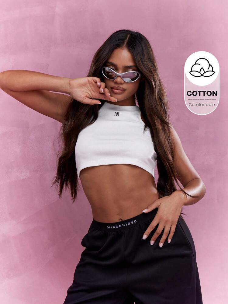 MISSGUIDED Embroidered Logo Ribbed Tank Crop Top
