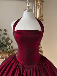 Lovelzi 优雅、浪漫、时尚的黑白弹力面料A字连衣裙，适合正式派对、婚礼、粉色鸡尾酒会、单身派对、舞会等场合。 - 酒紅色 - 查看 5