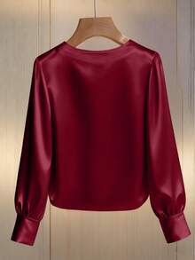 Franclia Women's Elegant Round Neck Pearl Embellished Long Sleeve T-Shirt, Suitable For Commuting Satin Blouses For Women Wine Red Top Women Tops Elegant S - Burgundy - View 2