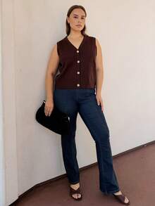 Nezia Cruz 大码女士休闲纽扣毛衣背心，秋冬女士教师装 - 棕色 - 查看 6