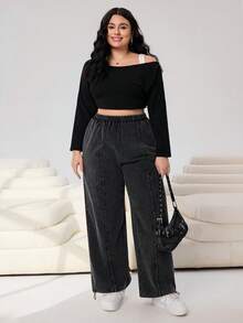Solflare Plus Size 2026 Spring&Summer Adjustable Hem Soft Comfortable Relaxed Fit Sweatpants,Grey Baggy Casual Curve Loungewear, Drawstring Cuff Pants - Black - View 6