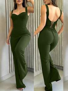 INAWLY Sexy Backless Bandage Straight Elegant Jumpsuit For Women - Army Green - View 1