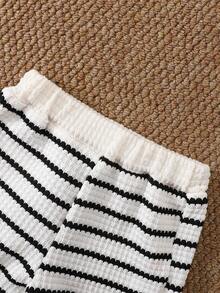 2pcs/Set Baby Girls' Fashion Casual Classic Striped Polo Collar Short Sleeve Top And Pants Set, Suitable For Spring/Summer, Home, Outdoor, Vacation, Daily Wear