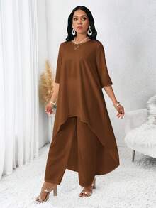 SHEIN Lady 四季秋季女装 白色长袖不规则两件套 女士秋季套装 女士套装 女士服装套装 女士两件套 秋季两件套 返校季 秋季女士套装 白色女士套装 女士服装套装 套装 两件套 婚礼礼服 女士两件套 - 棕色 - 查看 5
