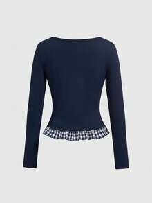 ROMWE Kawaii 复古甜美二合一长袖女式T恤 - 藏蓝色 - 查看 2