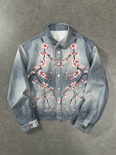 Men's Floral Print Long Sleeve Denim Shirt