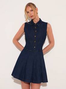 COSMINA 女士休闲日常通勤无袖牛仔连衣裙，夏季优雅通勤牛仔连衣裙，收腰设计，适合工作、日常外出，蓝色优雅牛仔连衣裙 - 藍色 - 查看 4