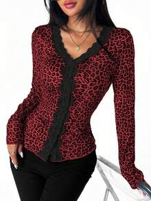 SHEIN LUNE Leopard Print Patchwork Lace Trim Fitted Long Sleeve T-Shirt Graphic Cheetah Print Tee Women Top For Spring - Multicolor - View 4