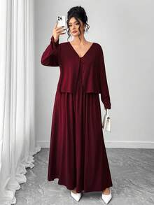 Elenzga 大码女式优雅长袖纯色外套+A字收腰吊带连衣裙两件套，针织弹力两件套，适合日常通勤、派对、夜店等场合 - 酒紅色 - 查看 6