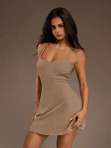 SHEIN ICON Rochie mini sexy casual pentru femei, culoare solidă, fără spate, cu mânecă lungă, ținută de birou de vară - Kaki - Vizualizare 1