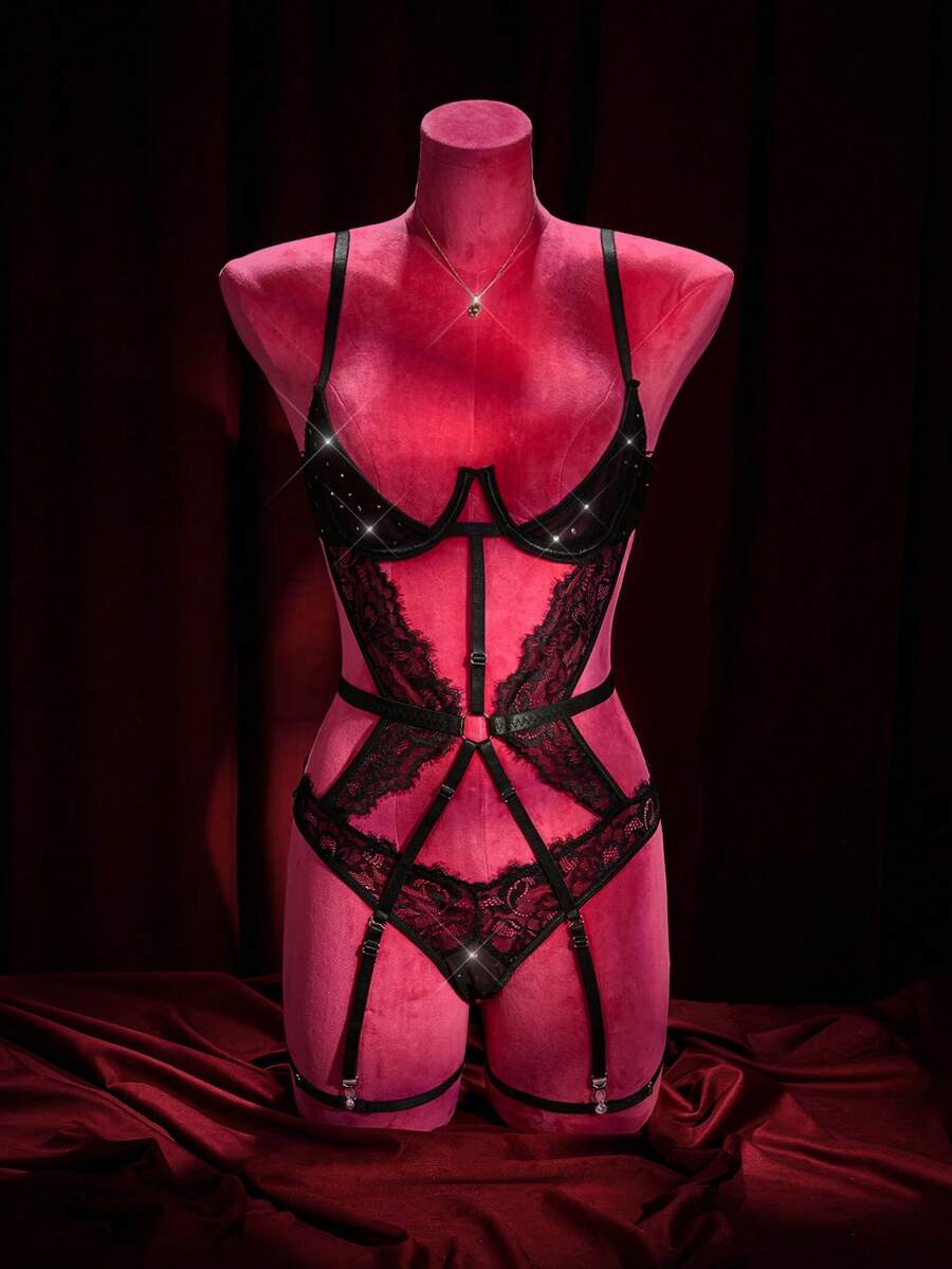 SpicyHot 3pcs/Set Lace Patchwork Sexy Bodysuit With Hollow-Out Underwire - Black - View 1