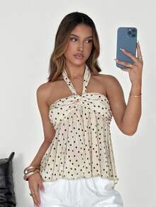 SHEIN EZwear 杏色波尔卡圆点女式褶饰挂脖衬衫