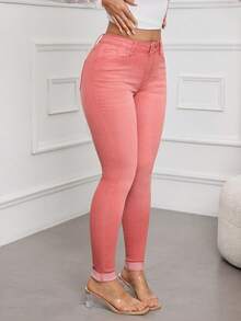 SHEIN EZwear 女士春季休闲高腰紧身牛仔裤 - 粉色 - 查看 4