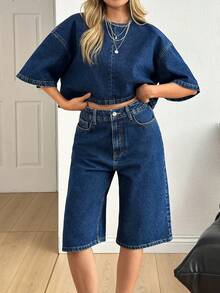 EURMUSE WOMEN Two Pieces OUTFIT DENIM TOP AND JORT SHORT HIGH WAIST JEAN - Medium Wash - View 4