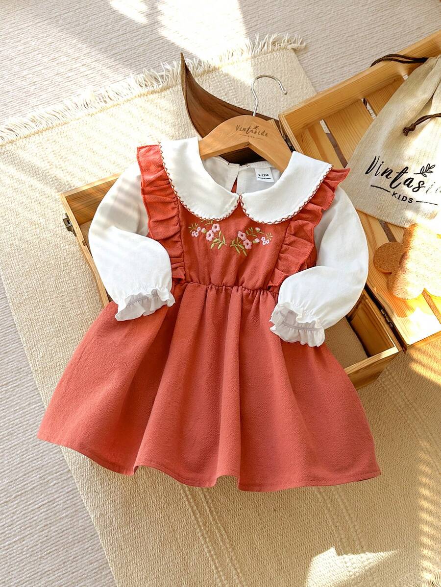 SHEIN Vintaside Kids Bộ đồ liền thân tay bồng cổ tròn in hoa bằng vải cotton cho bé gái và váy yếm thêu, trang phục lấy cảm hứng từ phong cách cổ điển cho tiệc vườn hồng, ngày lễ, Giáng sinh, năm mới, ngày lễ tình nhân - trái cam - Xem 1