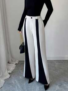 Elenzga Quần ống loe thời trang đi làm hàng ngày, thanh lịch cho mùa thu/đông mới dành cho nữ, thiết kế khối màu be và đen, thoải mái và ôm sát - Màu be - Xem 4