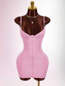 Amplova Váy ngủ latex màu hồng cho nữ, váy bó sát kiểu áo ngực gợi cảm với dây đai eo bo xương - Hồng - Xem 6