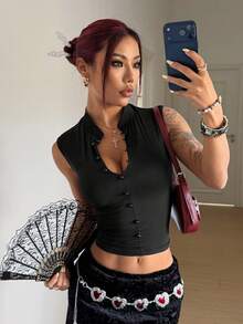 StreetHx Regata feminina curta, lisa, sem mangas, moderna, estilo urbano, nova, chinesa, modelagem slim. - Preto - Ver 2