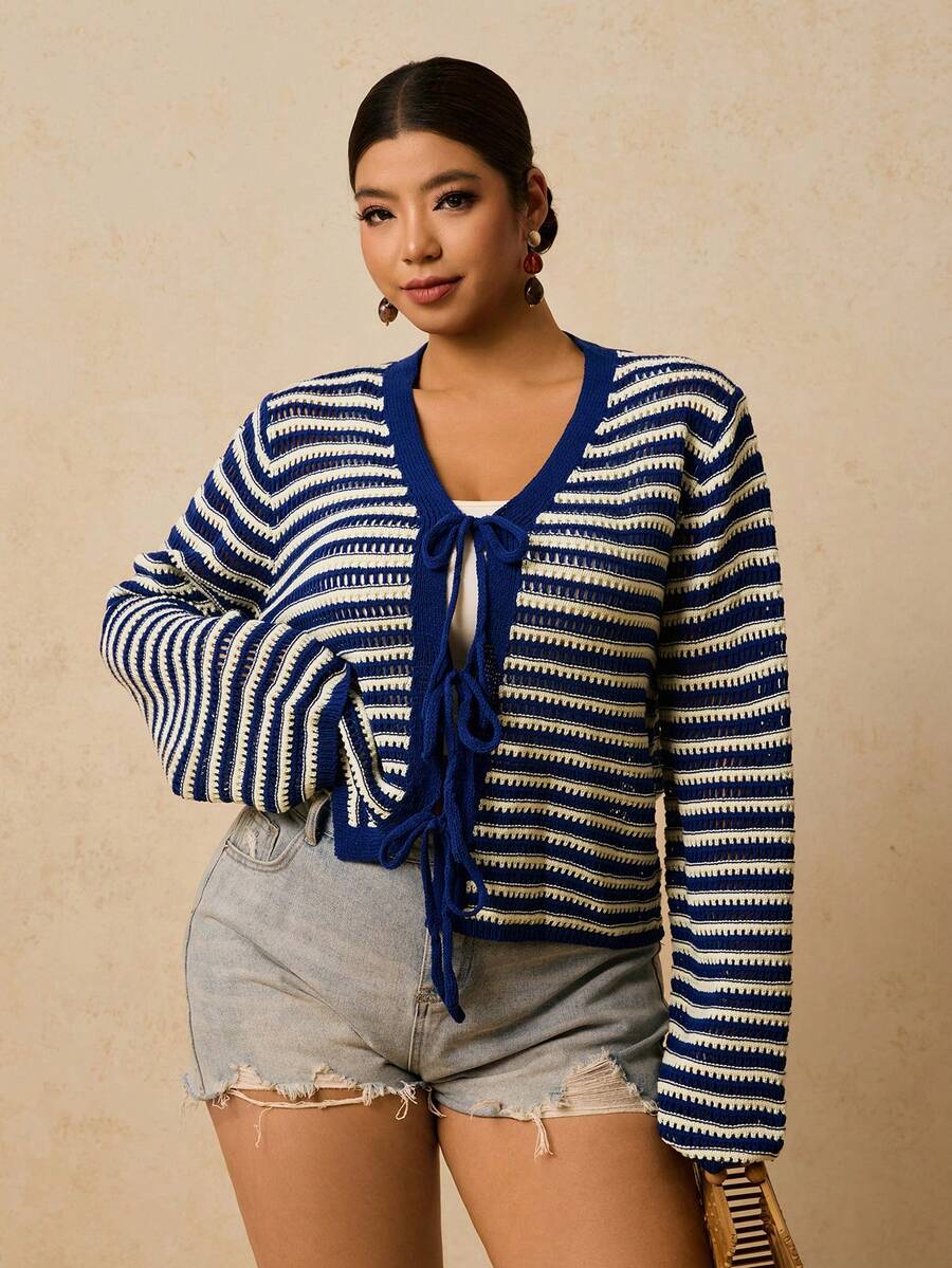 Travachic 大码女式休闲条纹抽绳长袖开衫 - 藍色 - 查看 1
