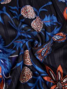 Travachic 大码女式印花长袖系带衬衫，优雅花卉蕾丝拼接雪纺长袖衬衫 - 藏蓝色 - 查看 8