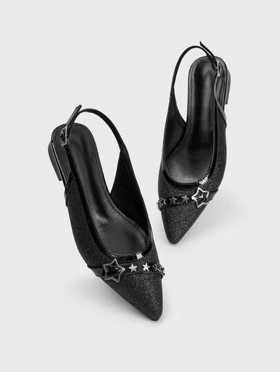 Sugerpunk Zapatos de tacón con punta puntiaguda, decoración de estrella elegante y de moda para fiestas
